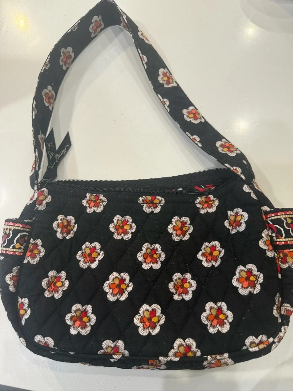 Vera Bradley Black Quilted Shoulder Bag with White & Red Floral Print